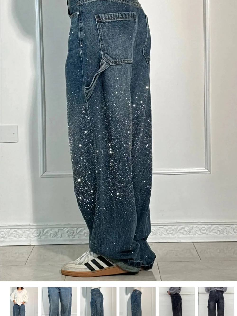 Dark Blue Wide-Leg Carpenter Jeans with Crystal Embellishment